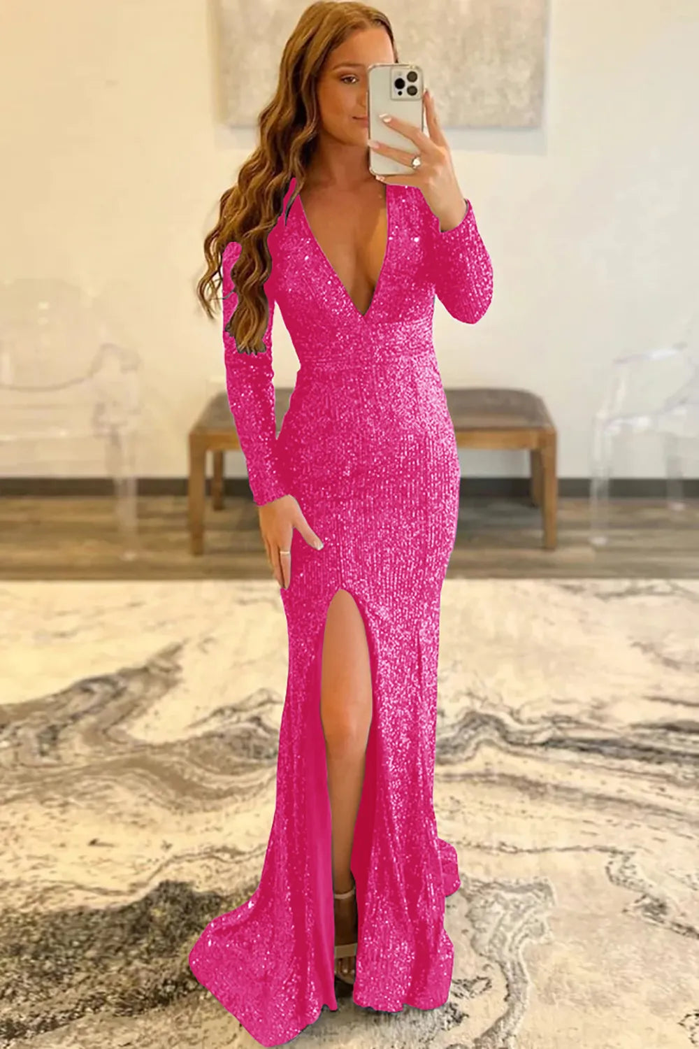 Sheath Deep V Neck Sequins Long Prom Dress with Split Front