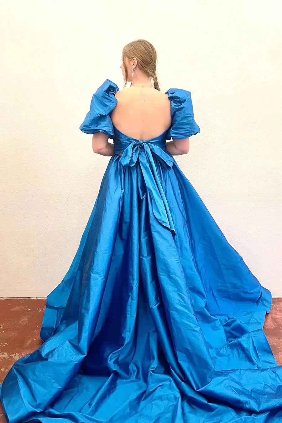 A Line Sweetheart Blue Corset Prom Dress with Bowknot