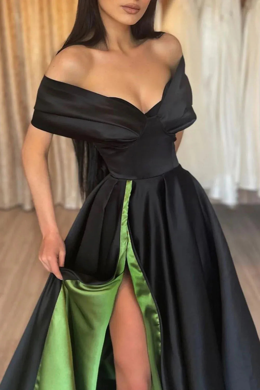 A Line Off the Shoulder Long Prom Dress with Split Front