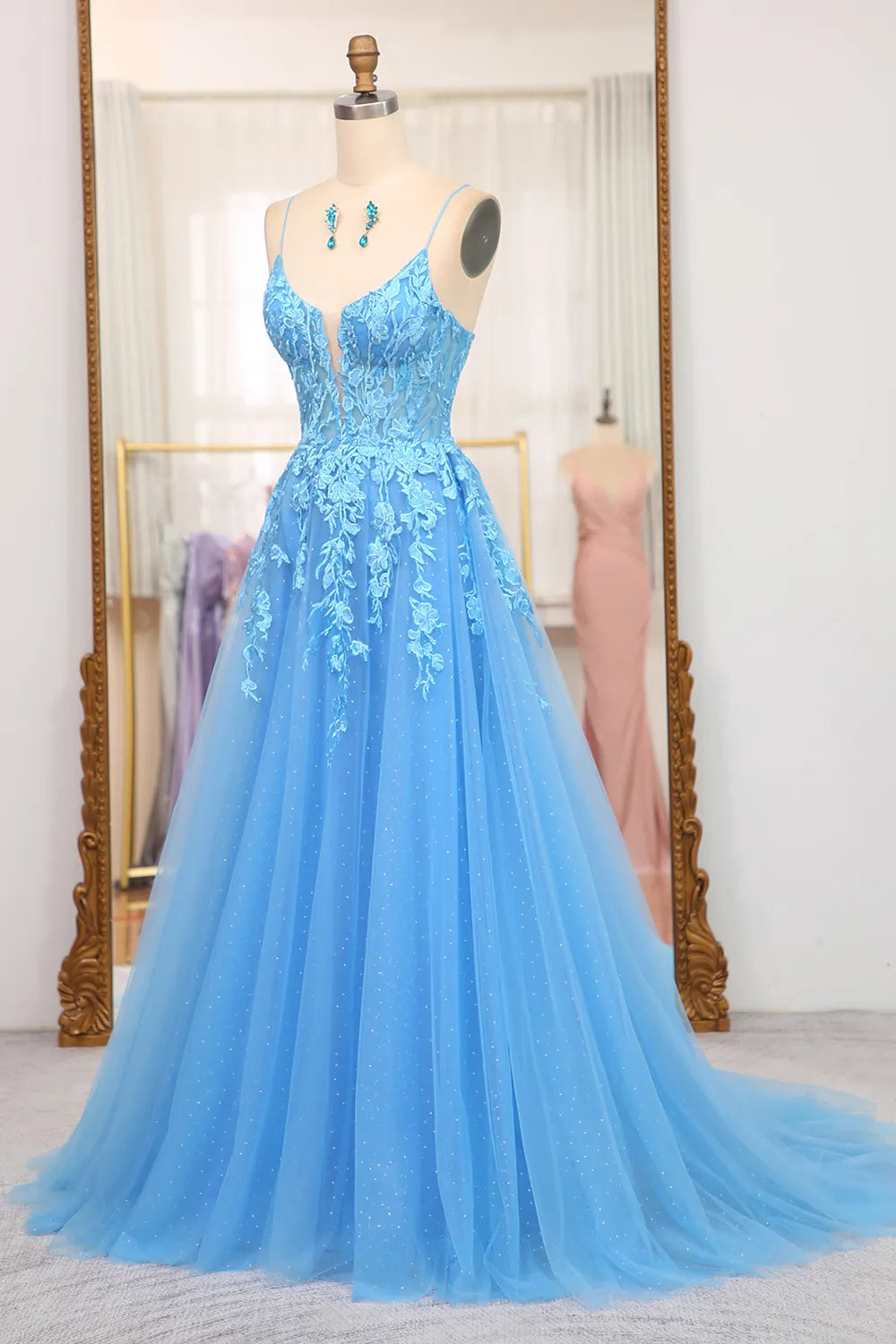 A Line Spaghetti Straps Long Prom Dress with Appliques