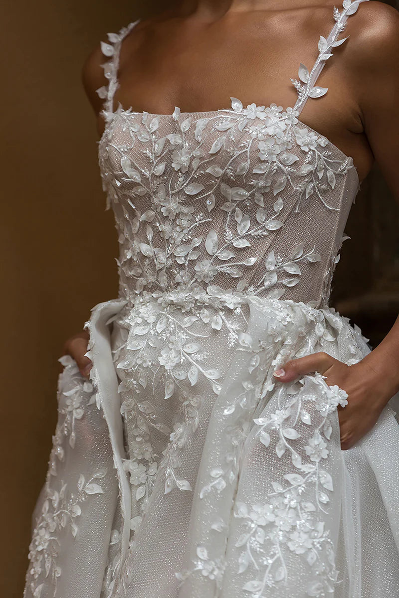 A Line Square Lace Appliques Wedding Dress with Slit