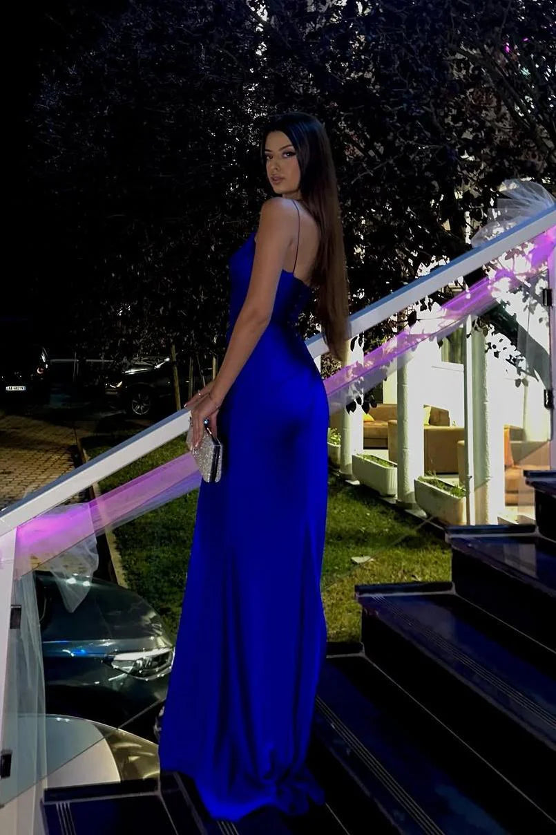 Royal Blue Satin Maxi Prom Dresses with Thin Spaghetti Straps Deep V Neck Rhinestone Detail 3D Floral Applique High Slit for Prom and Red Carpet