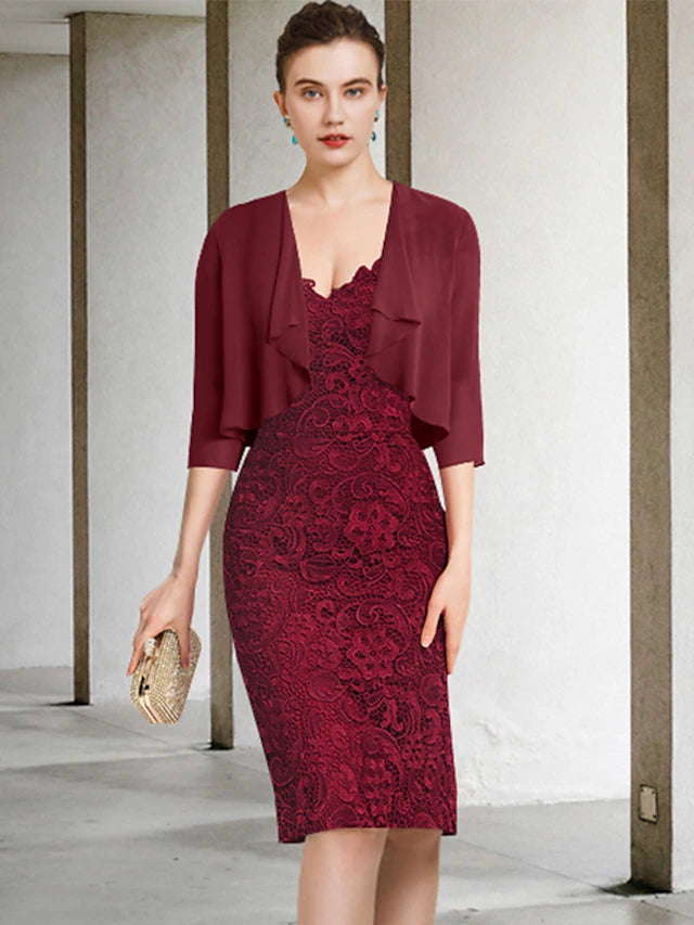 Two Piece Sheath / Column Mother of the Bride Dress Formal Wedding Guest Party Elegant Off Shoulder Knee Length Chiffon Lace Short Sleeve with Appliques