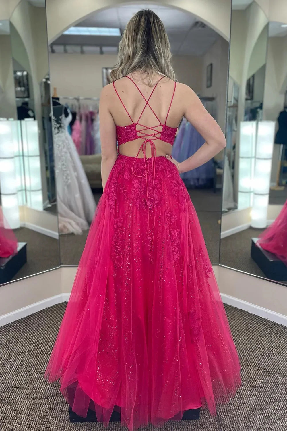 A Line Spaghetti Straps Stunning Fuchsia Long Prom Dress with Appliques