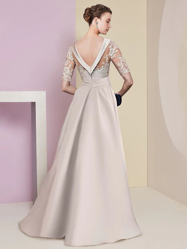 A-Line Mother of the Bride Dress Formal Elegant Scoop Neck Floor Length Satin Lace Half Sleeve with Appliques