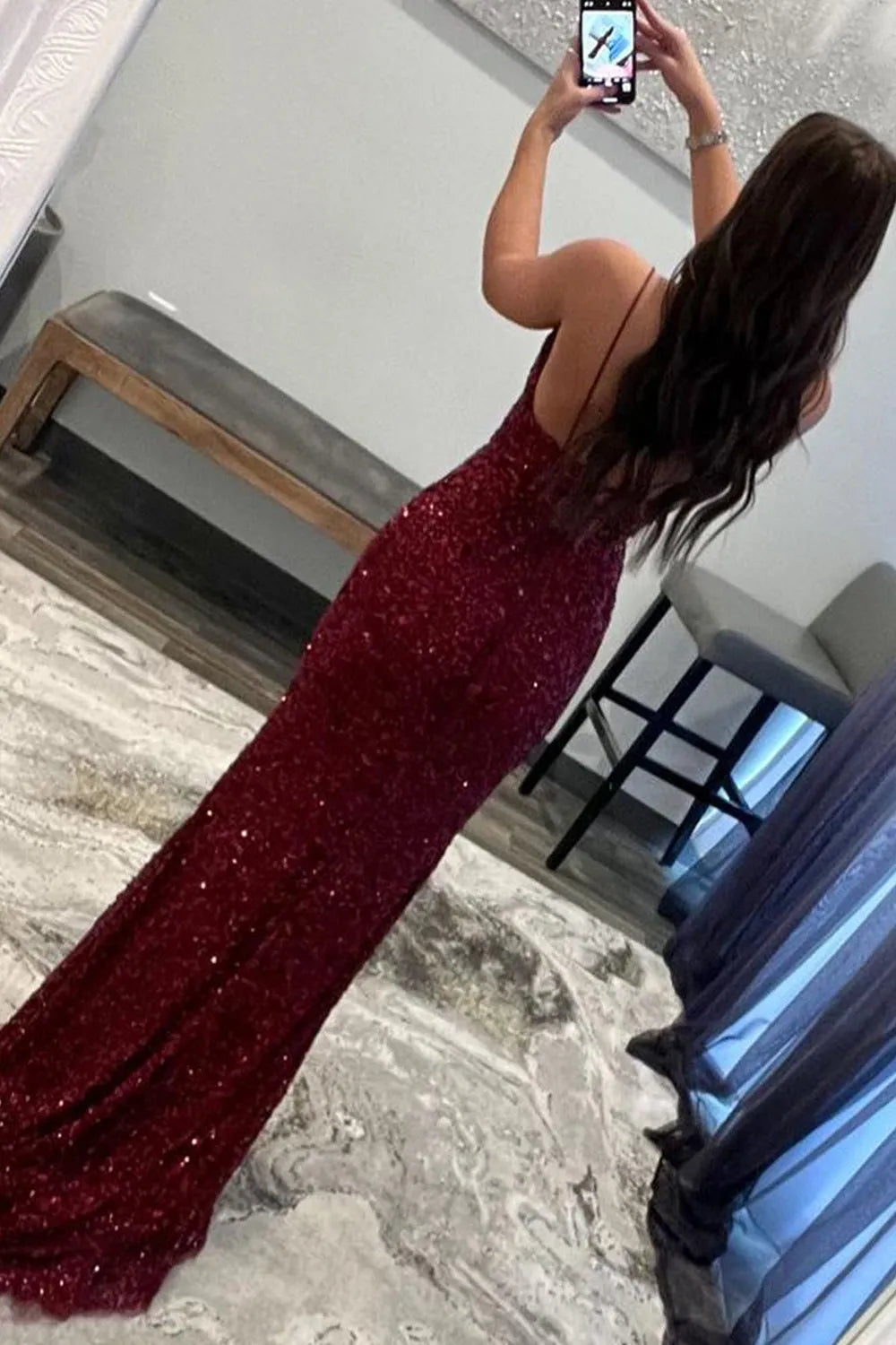 Sheath Spaghetti Straps Sequins Long Prom Dress with Split Front