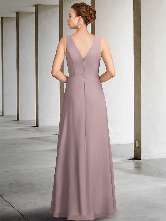 Two Piece Mother of the Bride Dress Plus Size Elegant V Neck Floor Length Chiffon Sleeveless Wrap Included Jacket Dresses with Pleats Ruffles