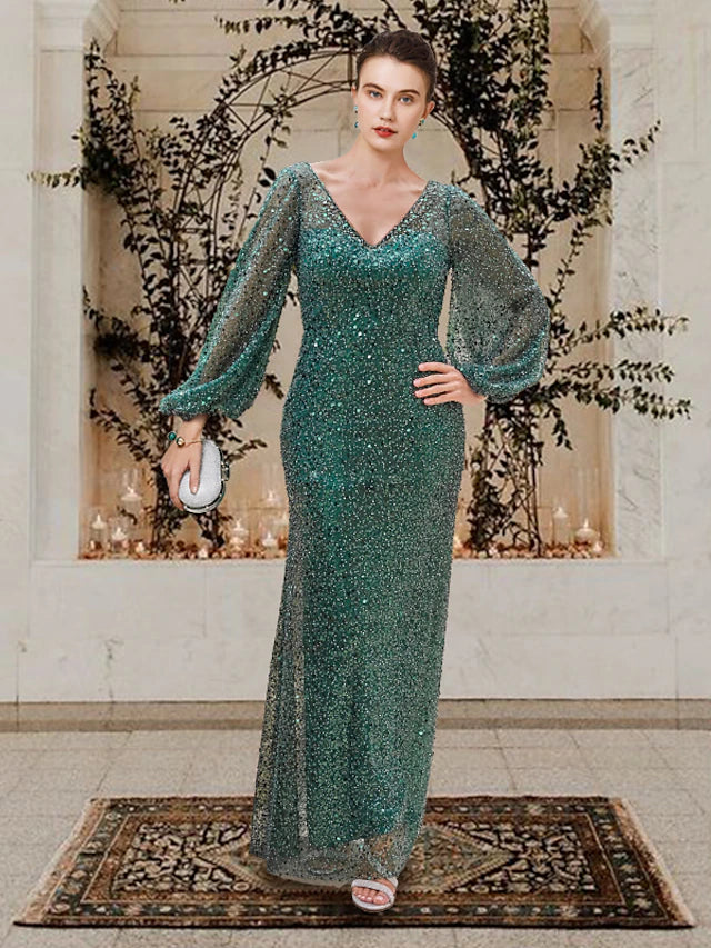 Sheath / Column Mother of the Bride Dress Elegant Sparkle & Shine V Neck Floor Length Lace Sequined Long Sleeve with Beading Sequin