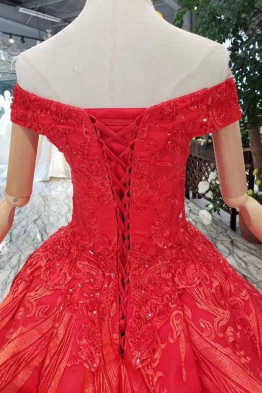 Off the Shoulder Princess Lace Appliques Beads Prom Dress