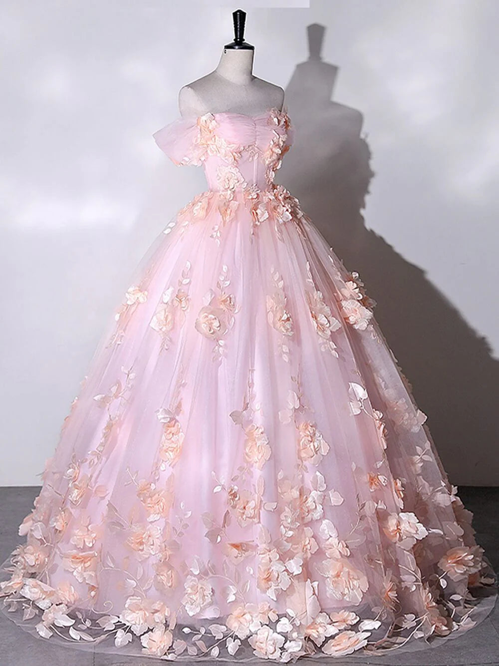 A-line Floral Off the Shoulder Prom Dresses Ball Gown Quinceanera Dress