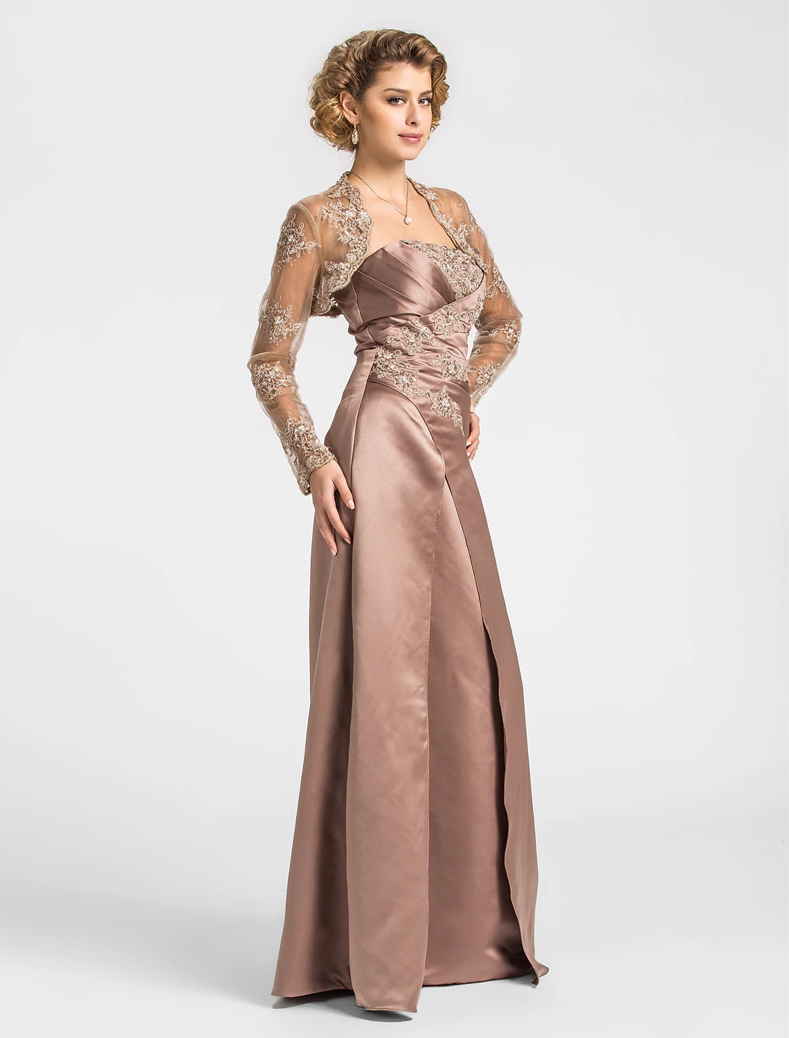 A-Line Mother of the Bride Dress Strapless Floor Length Satin Lace Sleeveless with Criss Cross Beading Appliques