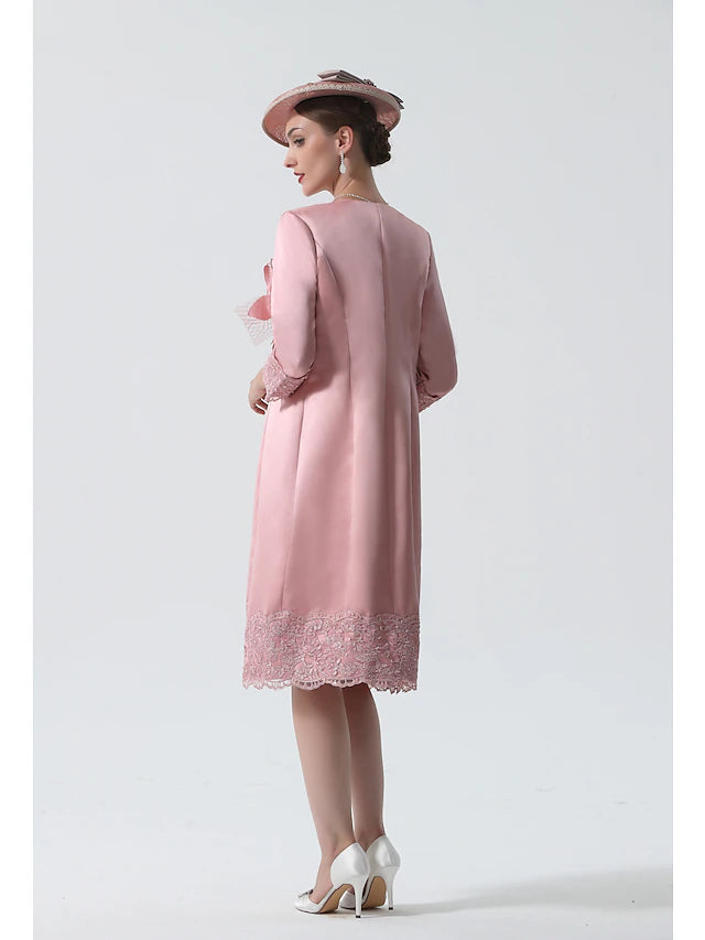 Sheath / Column Mother of the Bride Dress Vintage Plus Size Jewel Neck Knee Length Satin Lace 3/4 Length Sleeve Jacket Dresses with Appliques