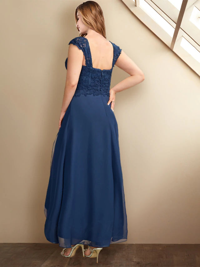 A-Line Plus Size Curve Mother of the Bride Dresses Elegant Dress Formal Asymmetrical Half Sleeve Square Neck Chiffon with Pleats Appliques