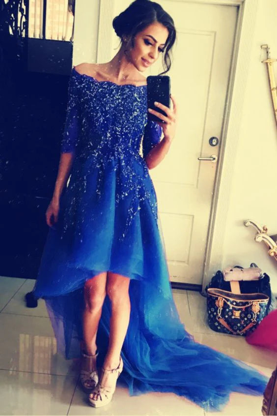 Royal Blue Off Shoulder High Low Prom Dress with Beaded Bodice for Formal Events and Prom Nights