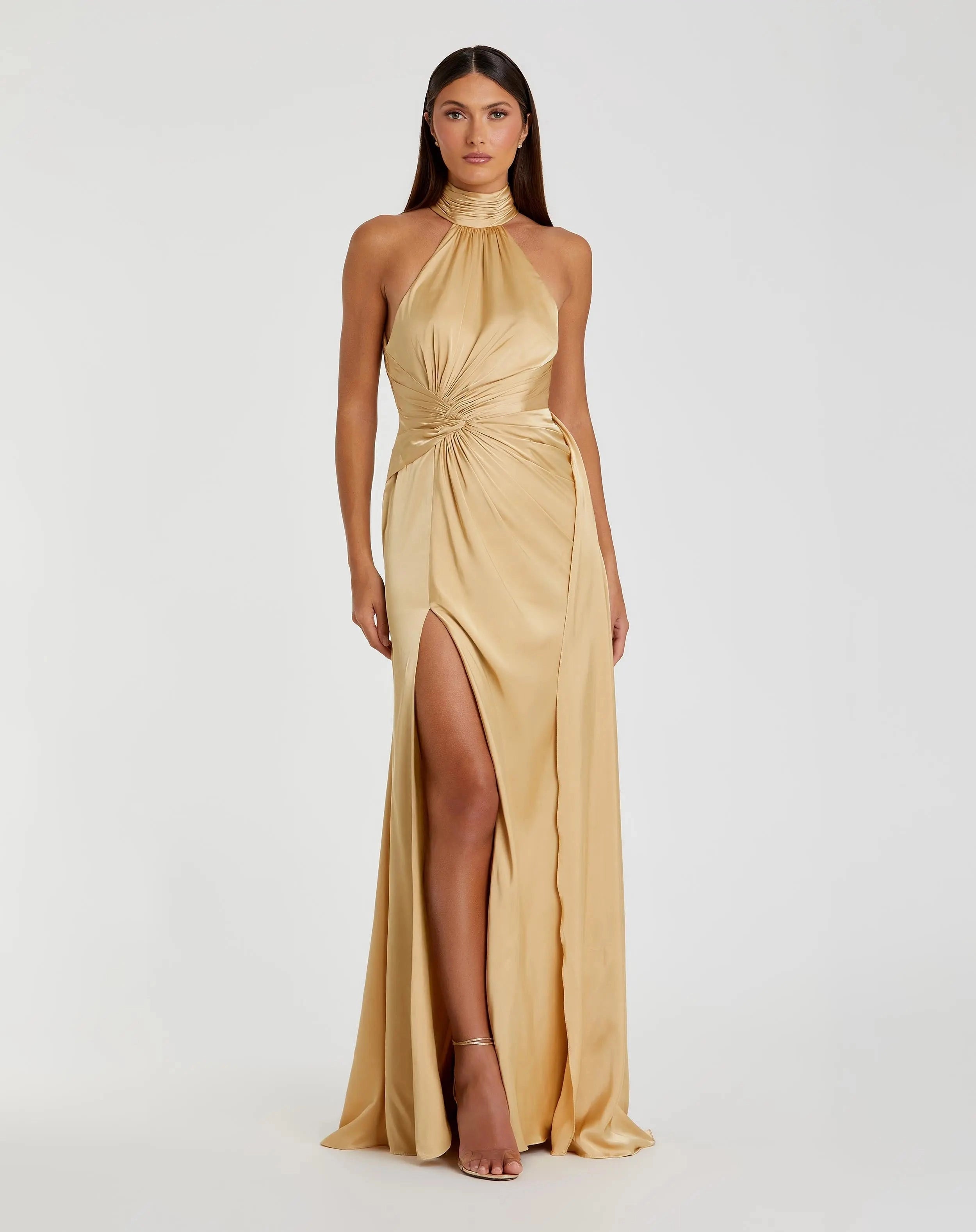 Halter satin champagne twist open back slit prom gown