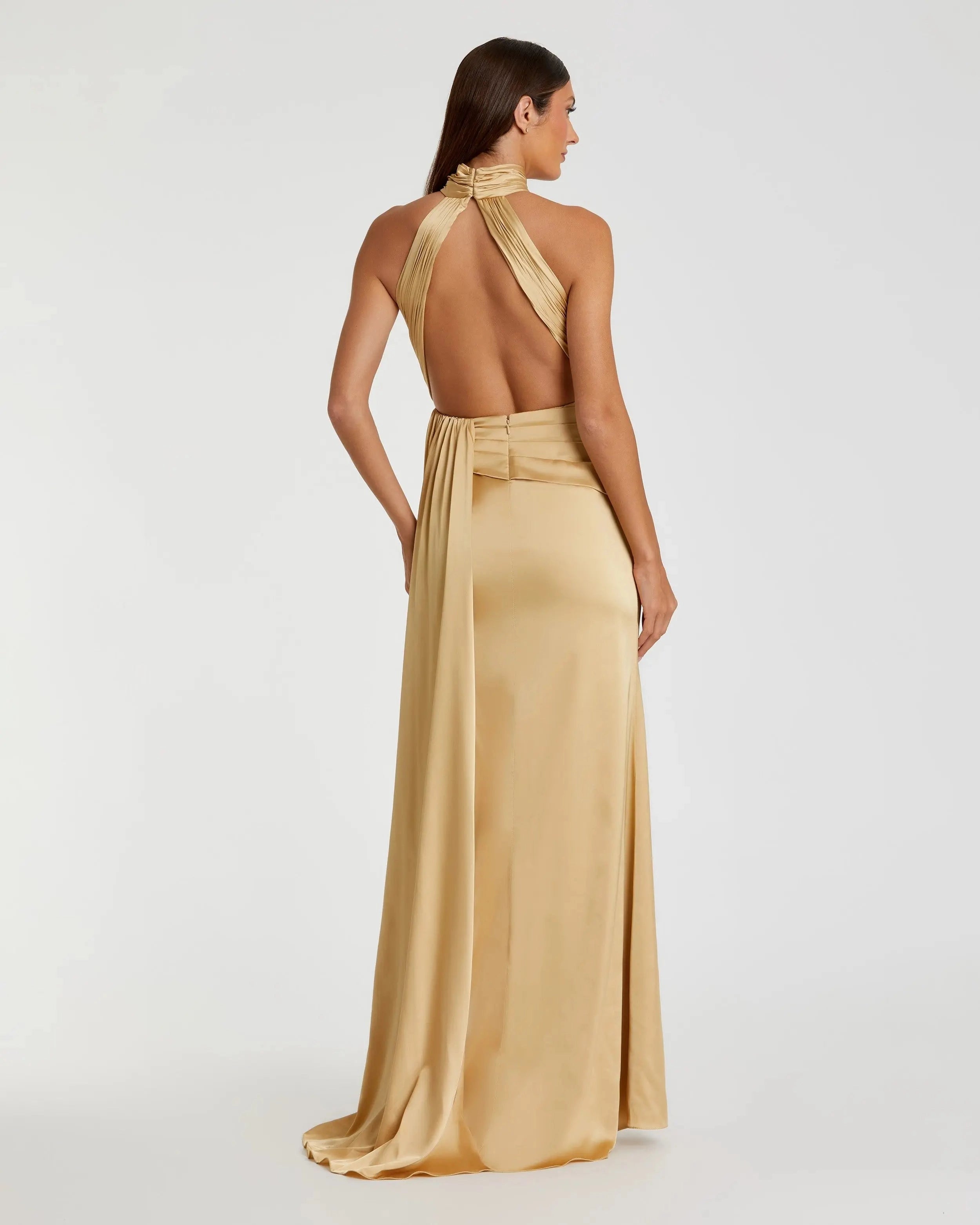 Halter satin champagne twist open back slit prom gown