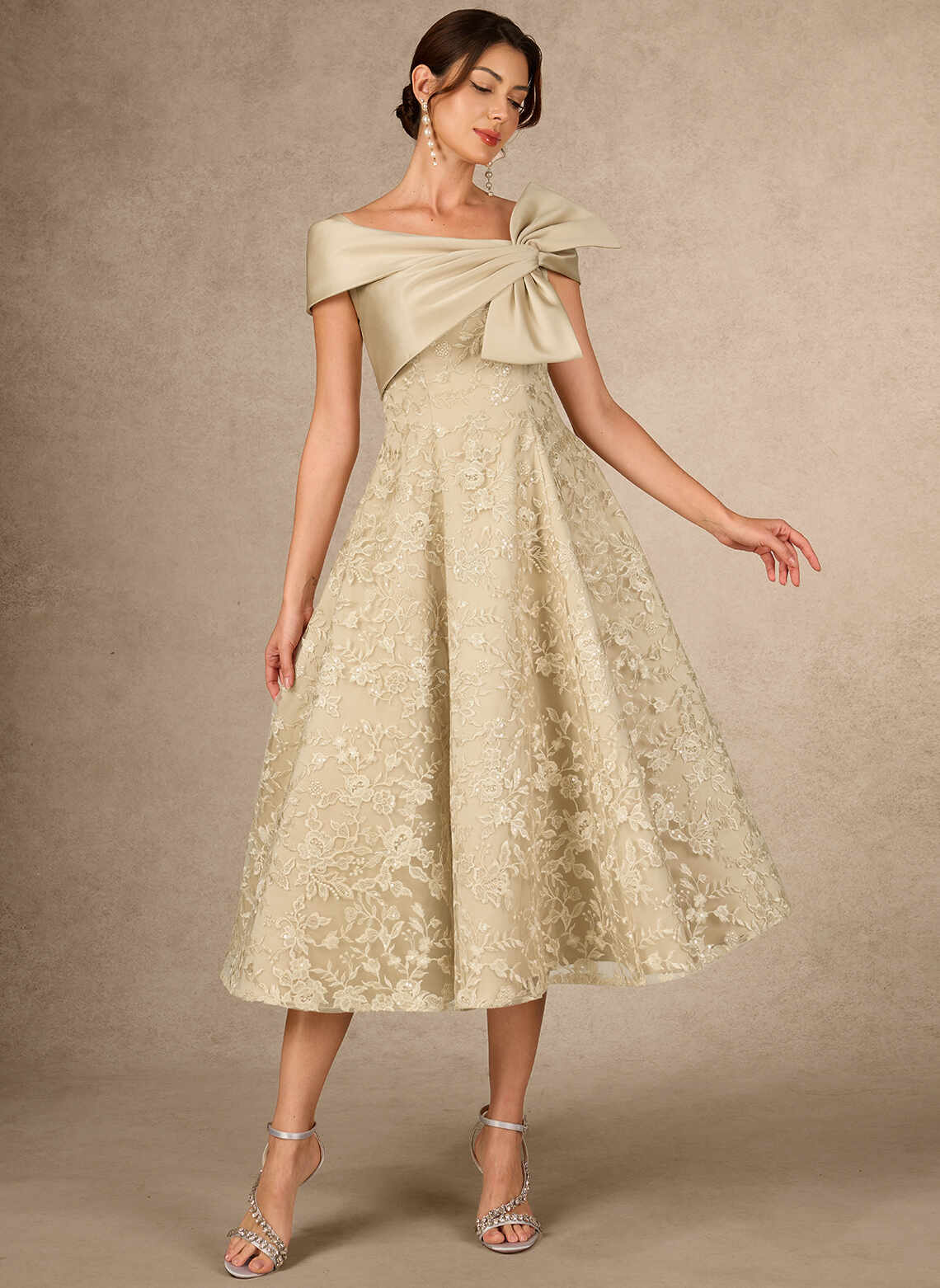 Champagne Lace A-line Off Shoulder Bow Zip Back Midi Mother of the Bride Dress