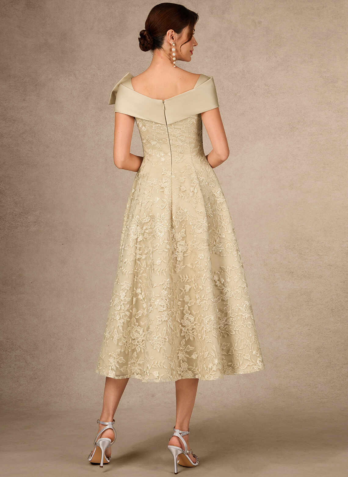 Champagne Lace A-line Off Shoulder Bow Zip Back Midi Mother of the Bride Dress
