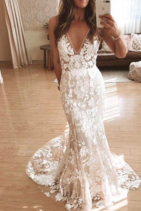 Champagne Lace Mermaid V Neck Strap Illusion Back Train Wedding Dress