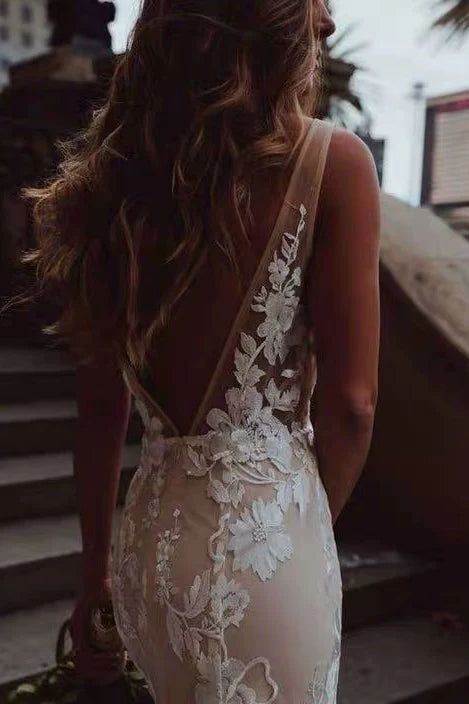 Champagne Lace Mermaid V Neck Strap Illusion Back Train Wedding Dress