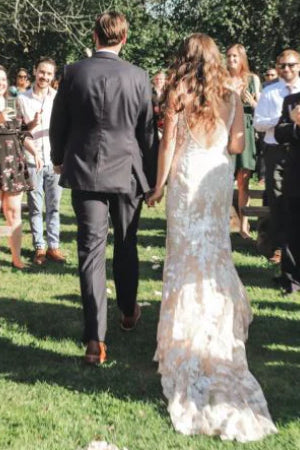 Champagne Lace Mermaid V Neck Strap Illusion Back Train Wedding Dress