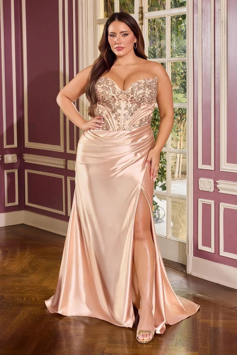 Plus Size Mermaid Strapless Beaded Corset Lace Up Back Champagne Prom Dress