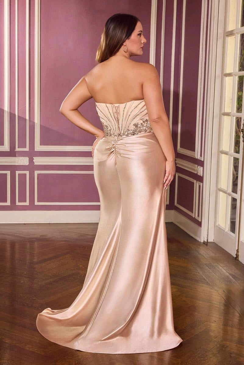 Plus Size Mermaid Strapless Beaded Corset Lace Up Back Champagne Prom Dress