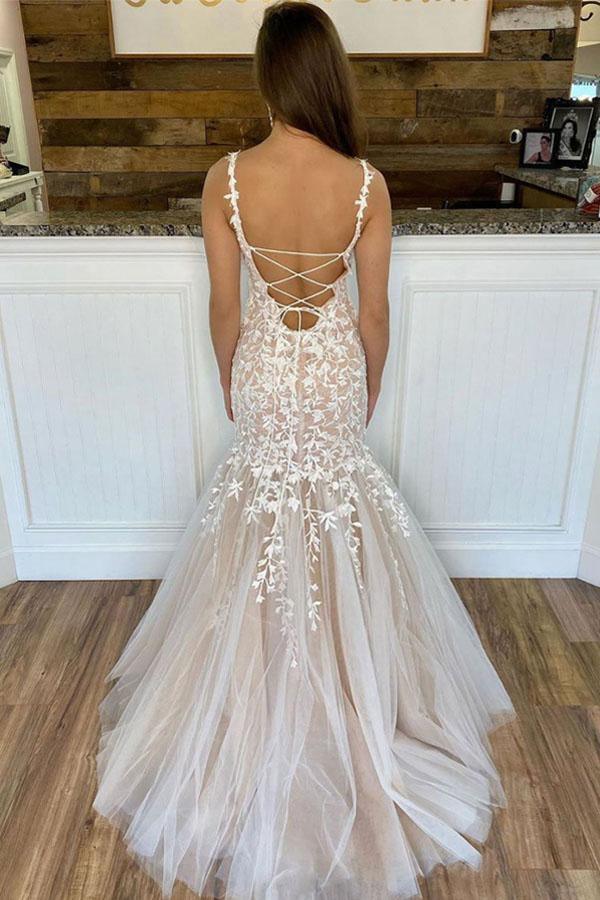 Mermaid Champagne Tulle Lace Long Prom Dresses Evening Dresses