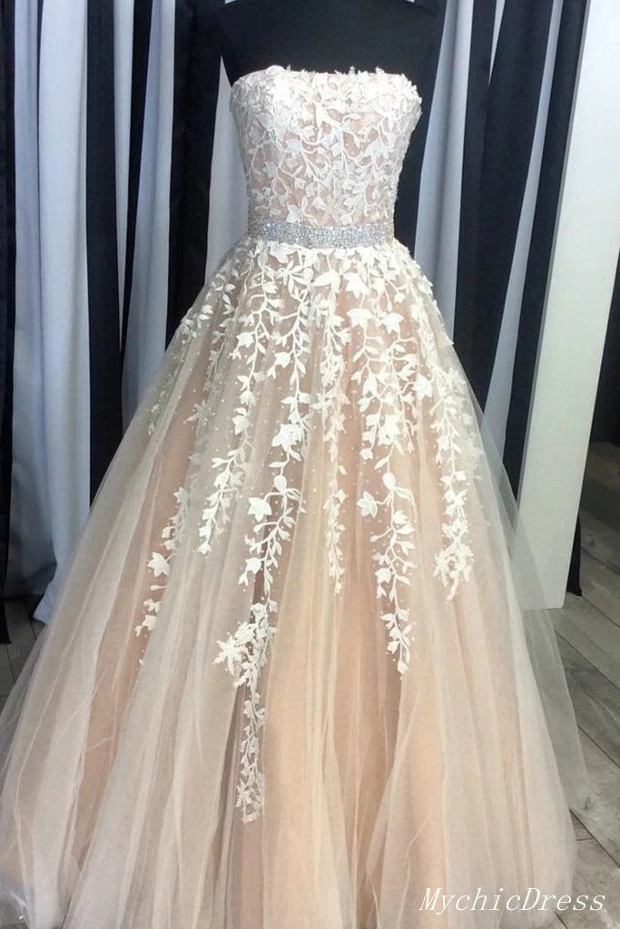 A Line Strapless Beaded Lace Prom Dresses Evening Gowns