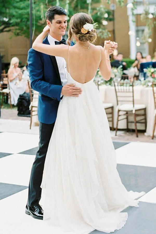 A Line Charming V Neck Backless Ivory Tulle Wedding Dresses