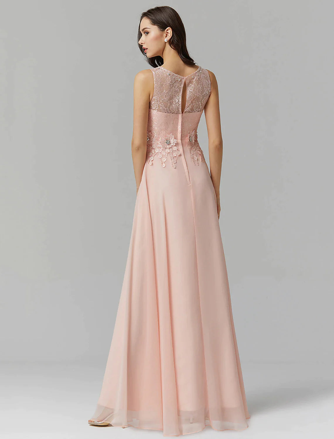 A-Line Empire Dress Valentine's Day Wedding Guest Floor Length Sleeveless Illusion Neck Bridesmaid Dress Chiffon with Beading Appliques