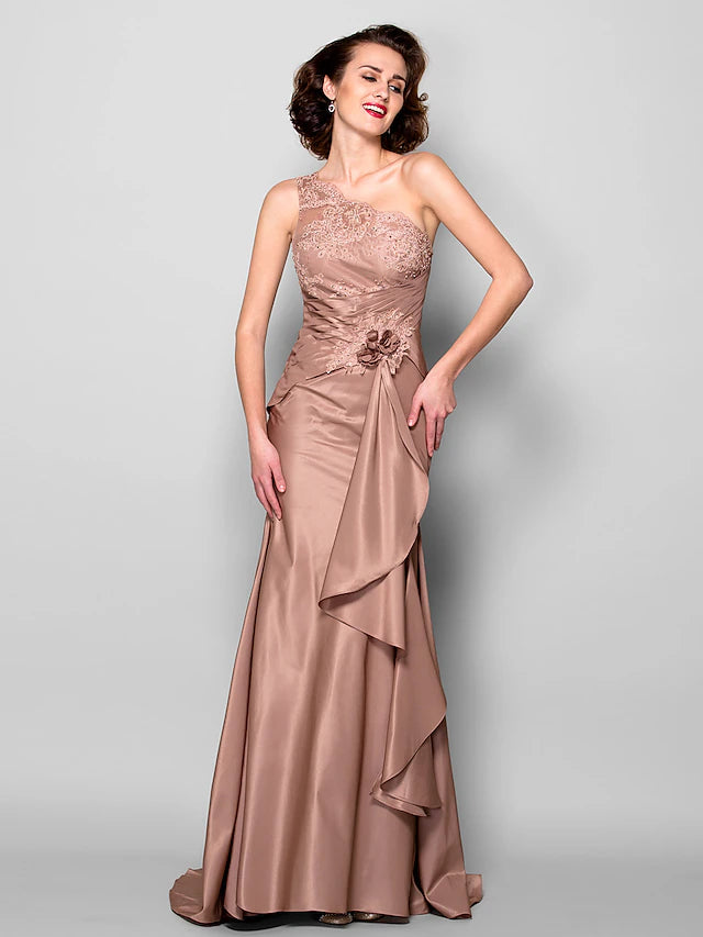 Meerjungfrau/Trompete Kleid für die Brautmutter mit Blumenmuster, eine Schulter, Sweep/Pinsel Schleppe, Spitze, Taft, ärmellos mit Blume