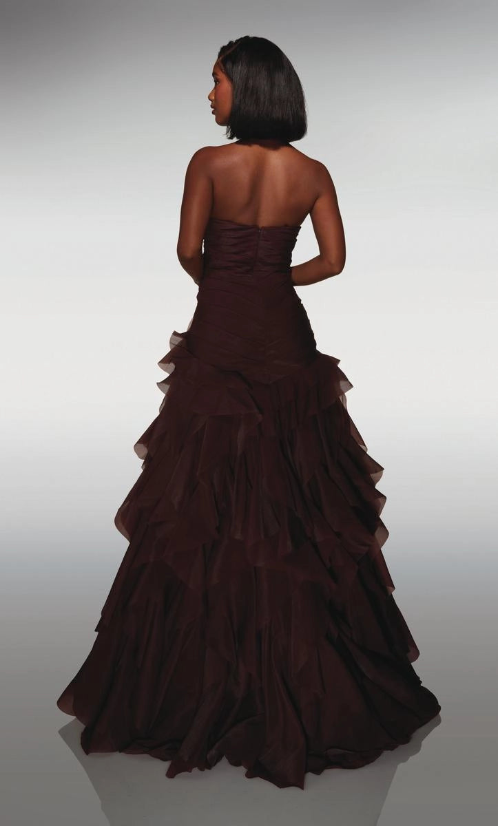 Chocolate Strapless V Neck Ruffled Organza High Slit Prom Dress