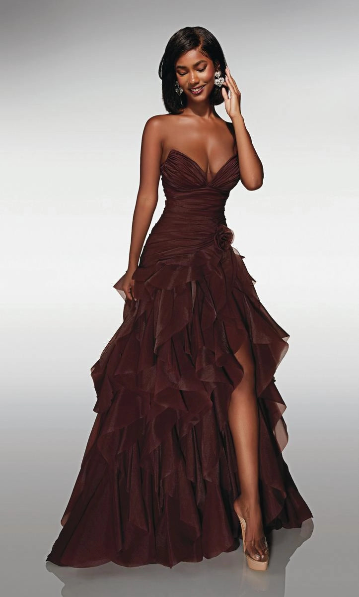 Chocolate Strapless V Neck Ruffled Organza High Slit Prom Dress
