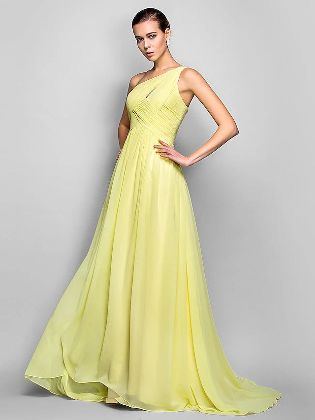 Sheath / Column Minimalist Dress Holiday Sweep / Brush Train Sleeveless One Shoulder Georgette with Criss Cross Ruched