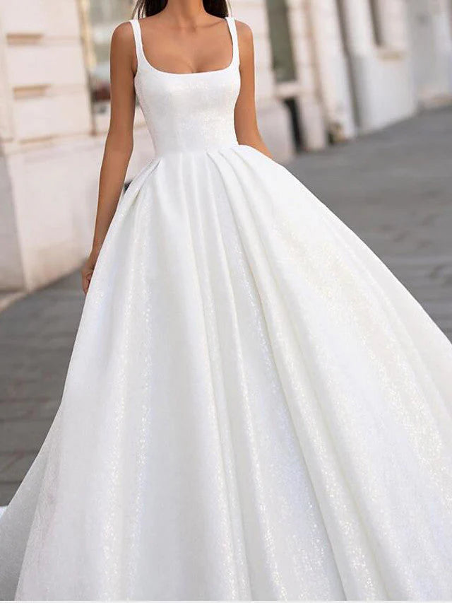 A-line Long Ball Gown Scoop Neck Court Train Satin Wedding Dresses
