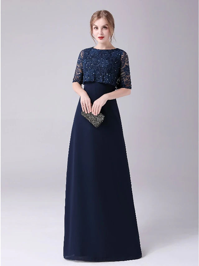 A-Line Mother of the Bride Dress Elegant Sweet Jewel Neck Floor Length Chiffon Half Sleeve with Lace Crystals