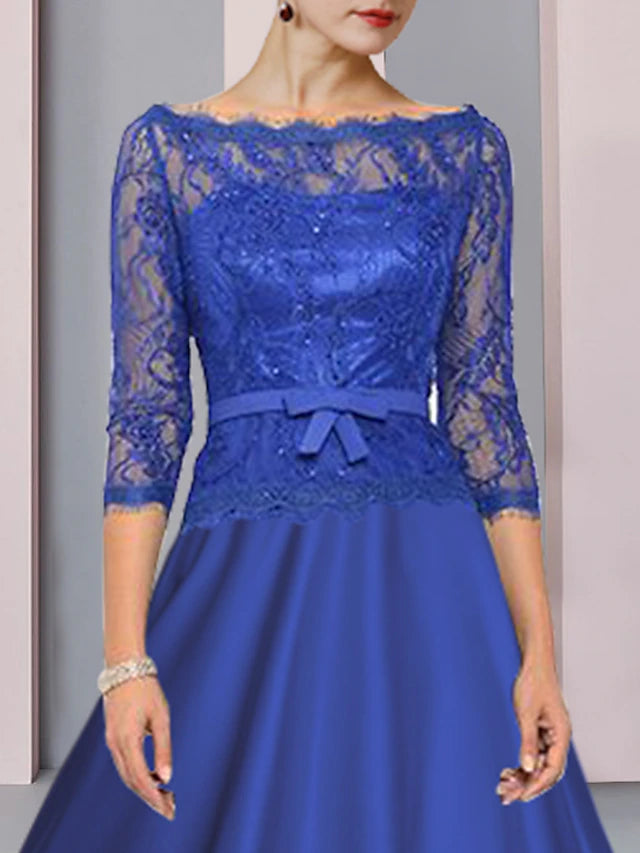 A-Line Mother of the Bride Dress Formal Wedding Guest Party Elegant Scoop Neck Tea Length Satin Lace 3/4 Length Sleeve with Bow(s) Sequin