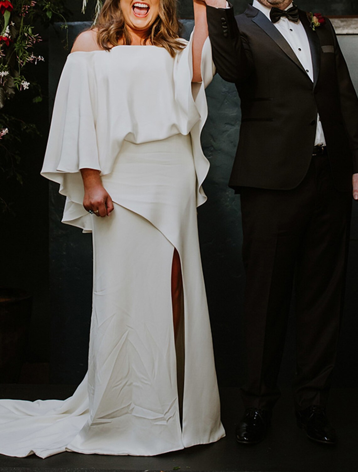 A-Line Plus Size Curve Wedding Dresses Minimalist Dress Party Wear Sweep / Brush Train Half Sleeve Off Shoulder Stretch Fabric with Ruffles Slit