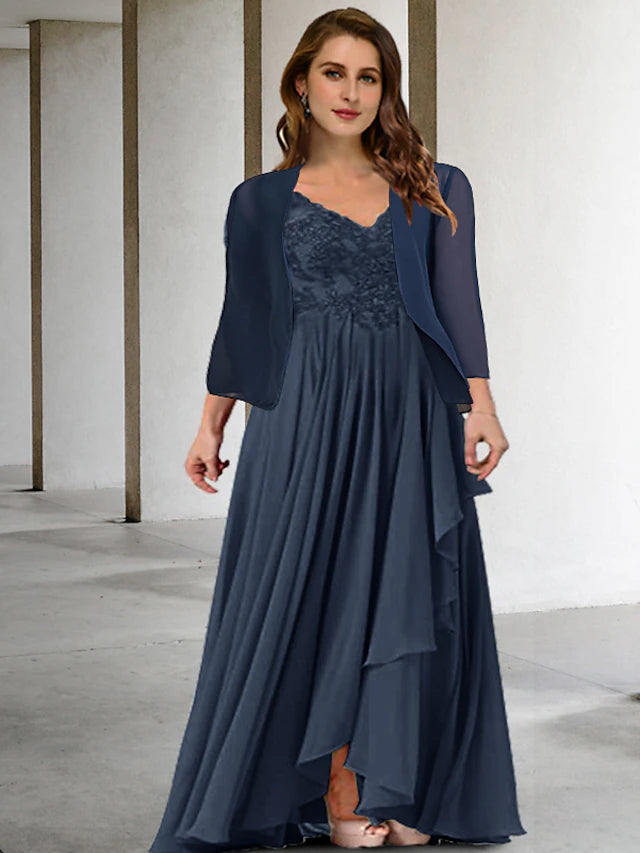 Two Piece A-Line Plus Size Curve Mother of the Bride Dresses Elegant Dress Formal Floor Length Half Sleeve V Neck Chiffon with Pleats Appliques