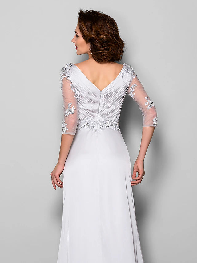 A-Line Mother of the Bride Dress V Neck Sweep / Brush Train Satin Chiffon 3/4 Length Sleeve with Criss Cross Beading Appliques