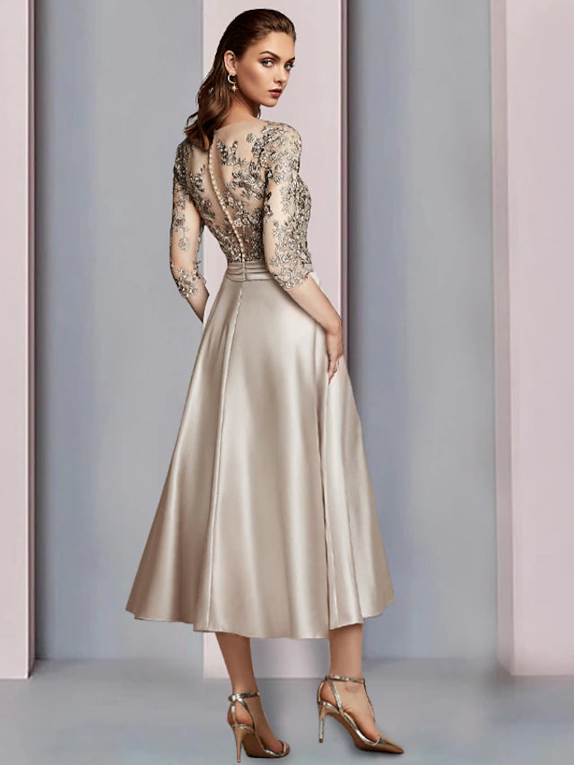 A-Line Mother of the Bride Dress Wedding Guest Elegant V Neck Tea Length Satin Lace Half Sleeve with Pleats Appliques