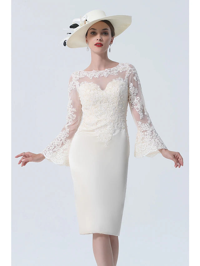 Sheath / Column Mother of the Bride Dress Vintage Plus Size Elegant Jewel Neck Knee Length Satin Lace Long Sleeve with Lace