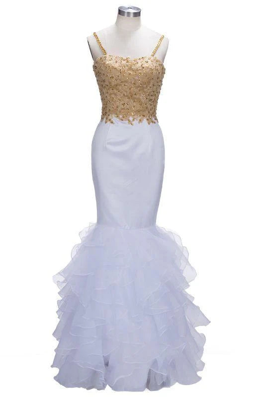 Mermaid Spaghetti Sweetheart Long Tulle Prom Dresses