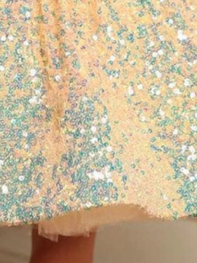 Kids Little Girls' Dress Solid Colored A Line Dress Sequins Ruched Yellow Red Knee-length Long Sleeve Cute Sweet Dresses Winter Fall Regular Fit 3-12 Years / Satin