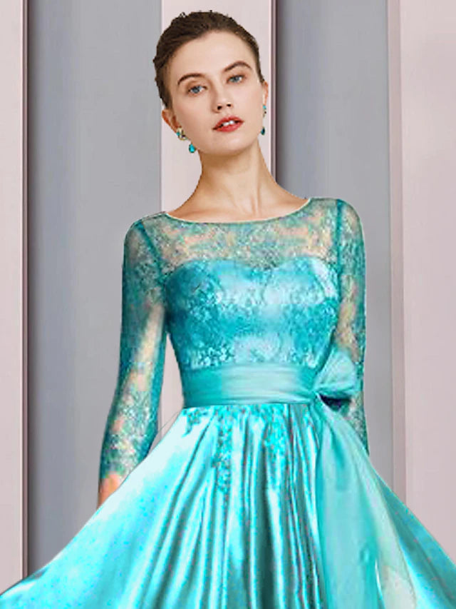 A-Line Mother of the Bride Dress Formal Wedding Guest Party Elegant Scoop Neck Ankle Length Satin Lace 3/4 Length Sleeve with Bow(s) Pleats