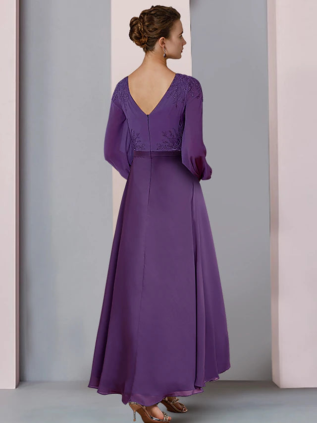 Sheath / Column Mother of the Bride Dress Wedding Guest Party Elegant V Neck Asymmetrical Chiffon Lace Long Sleeve with Ruching