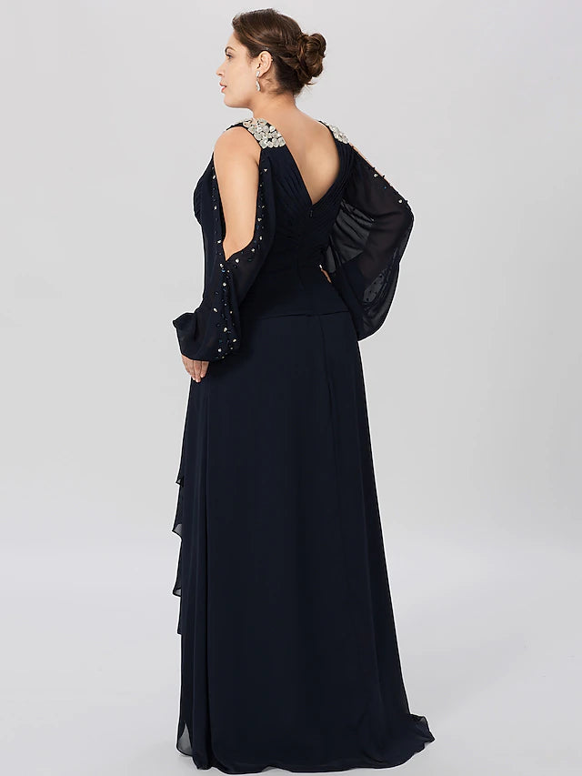 Sheath / Column Mother of the Bride Dress Plus Size Elegant High Low V Neck Asymmetrical Chiffon Stretch Satin Long Sleeve with Criss Cross Crystals