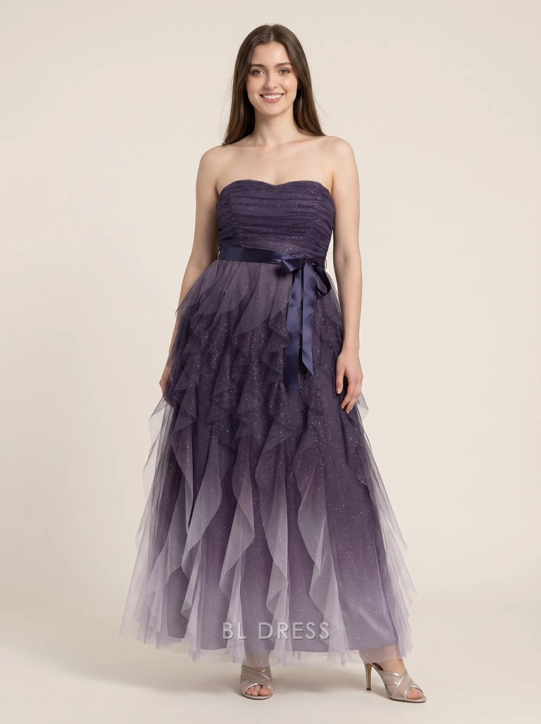 Purple Ombre Strapless Sweetheart Neck Satin Waist Bow Glitter Tulle Tiered Floor Length Formal Evening Prom Dress