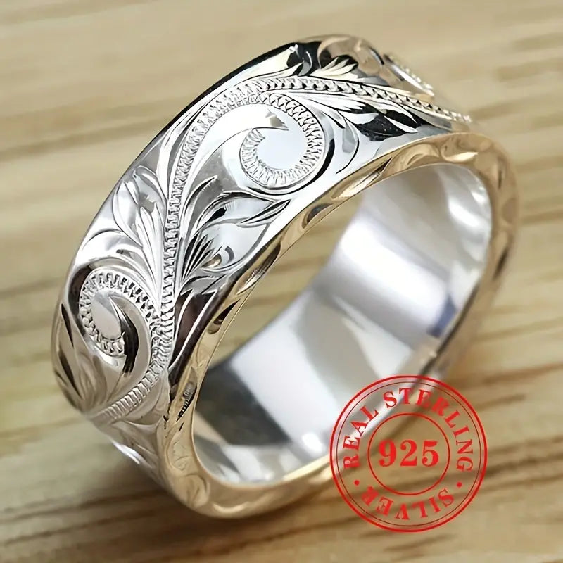 925 Sterling Silver Artisan Crafted Carved Leaf and Flower Bohemian Wide Band Ring, Vintage-Inspired Elegance